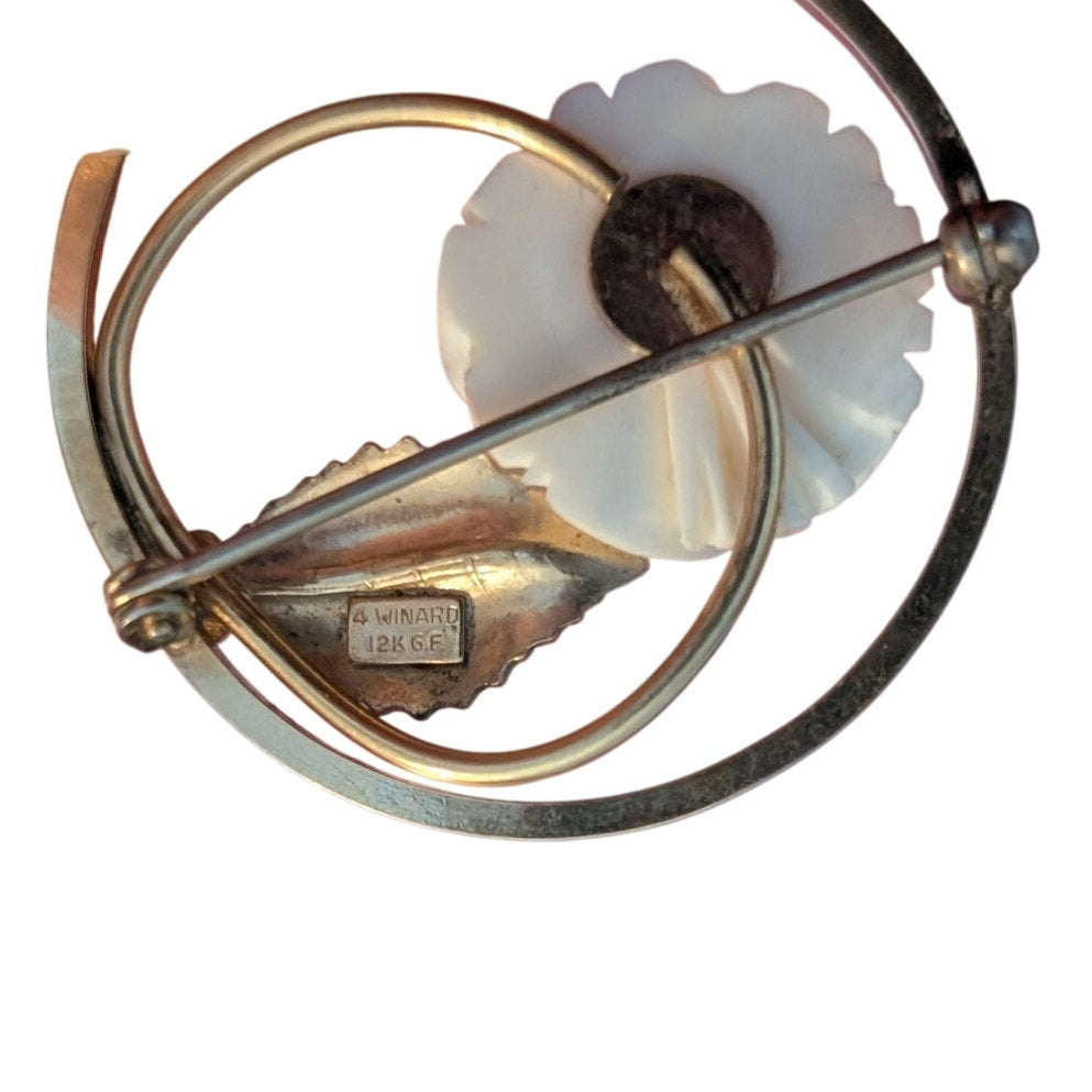 Vintage 4 Winard 12K GF White Carved Rose Flower Leaf Gold Tone Brooch