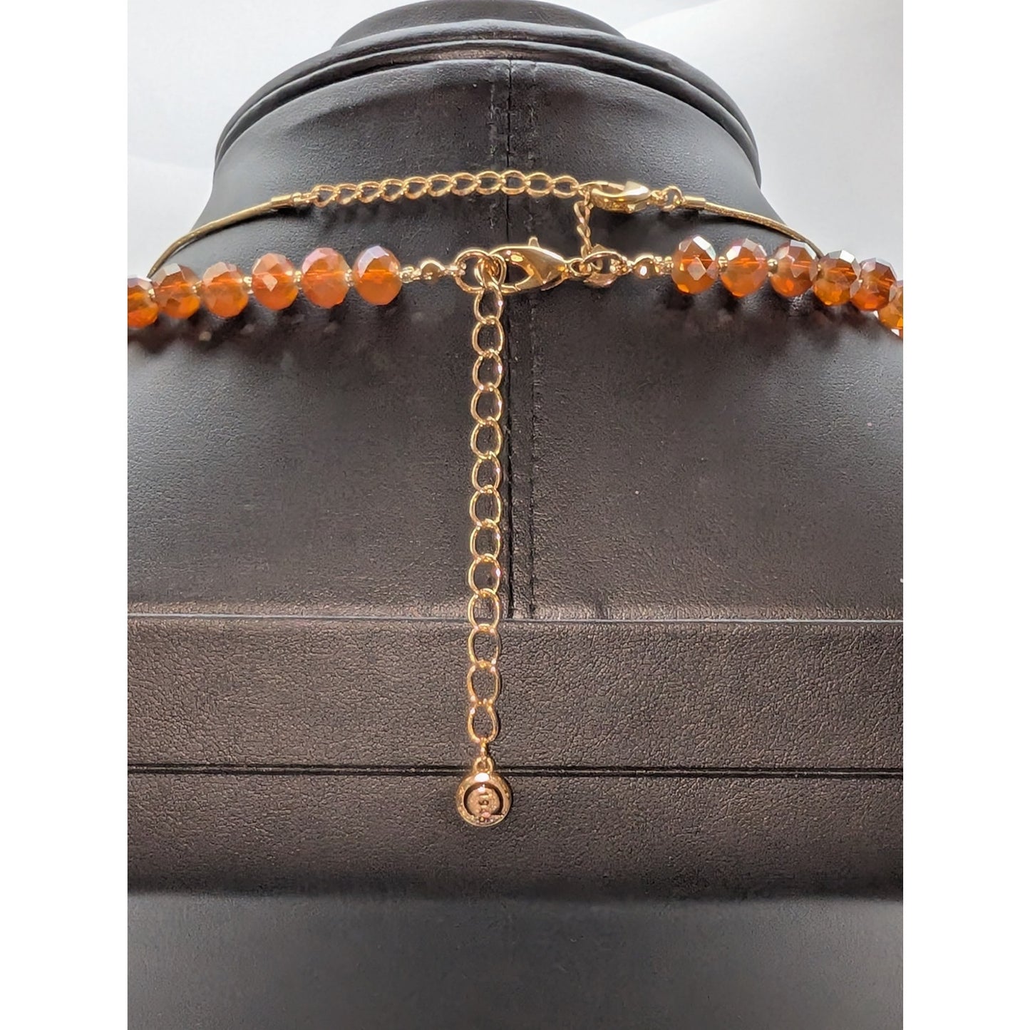 Lot of Two Gold Tone Orange Theme Crystal Tassel Y-Drop Necklaces