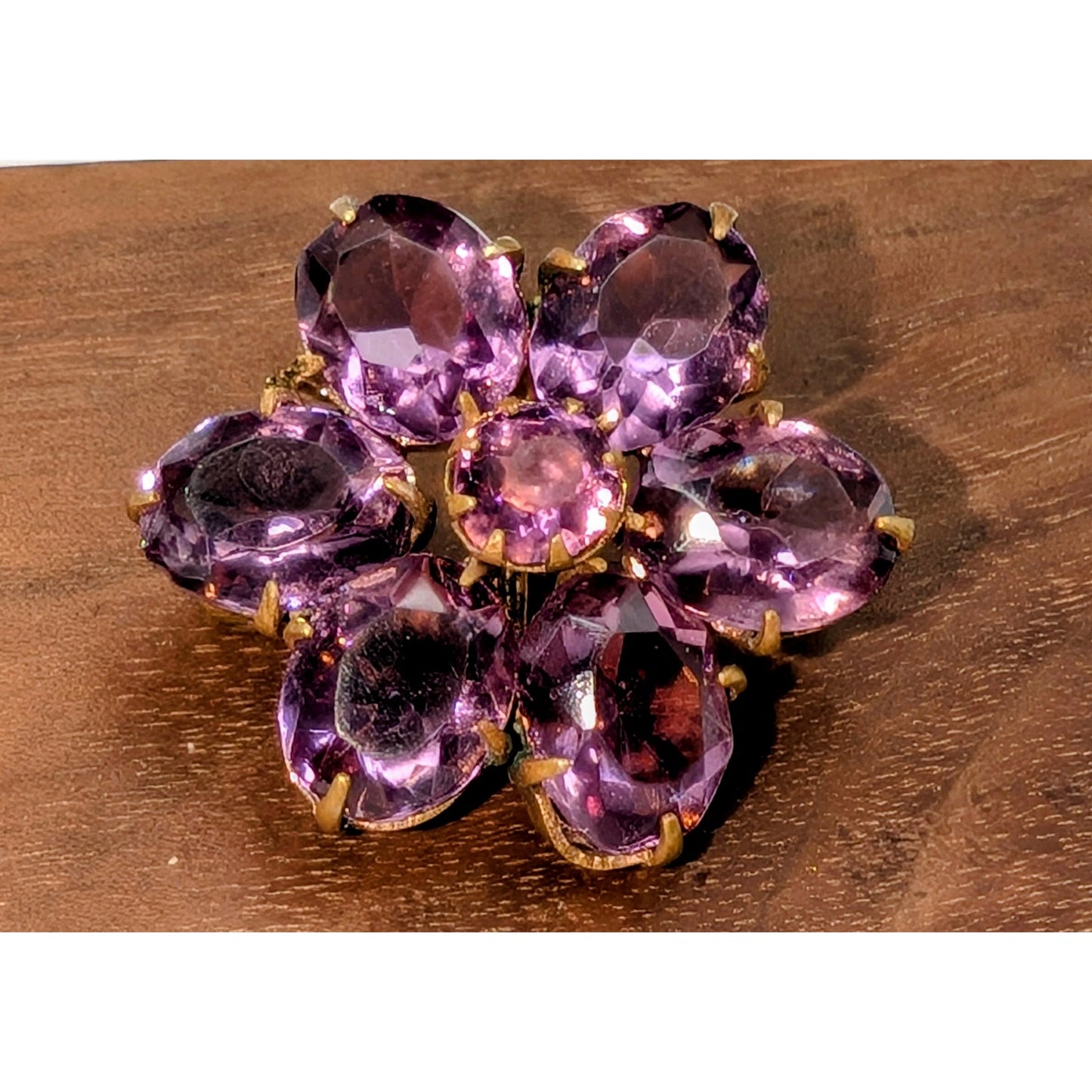 Antique Amethyst Glass Brass C-Clasp Flower Brooch