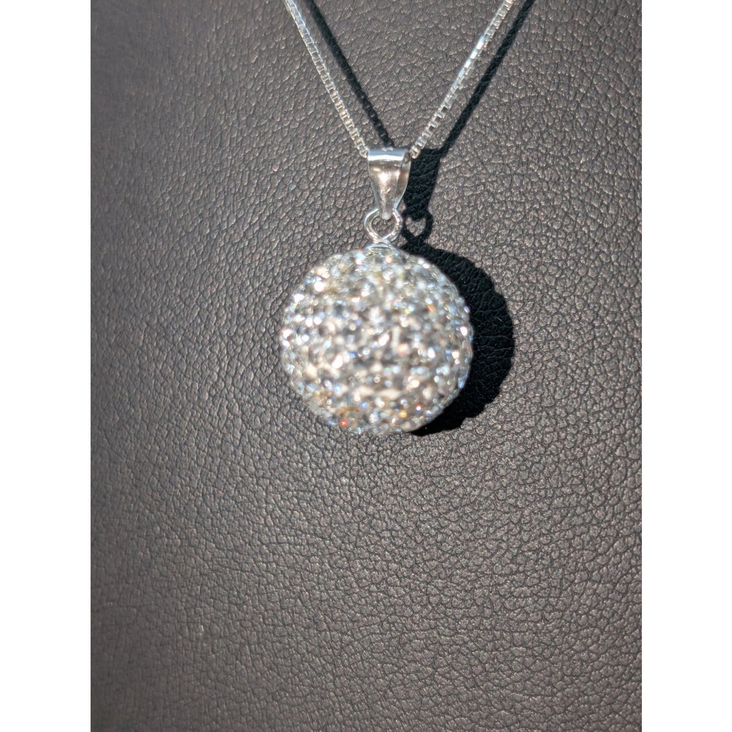 925 Sterling Austrian Crystal Snowball Disco Ball Pendant Box Chain 18" Necklace