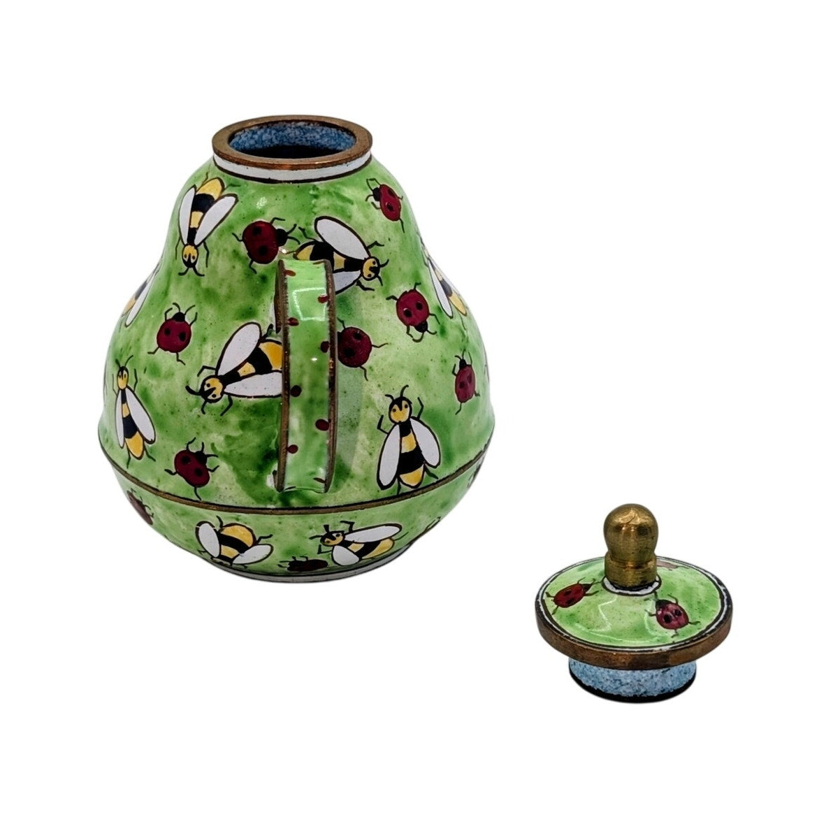 Kelvin Chen Vintage Hand Painted Green Enamel Copper Teapot Ladybugs & Bees
