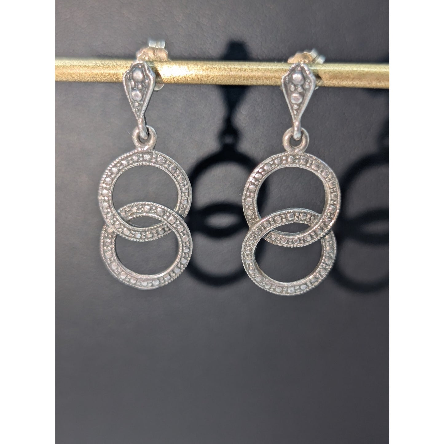 Vintage 925 Sterling Double Interlocking Rings Dangle Pierced Earrings