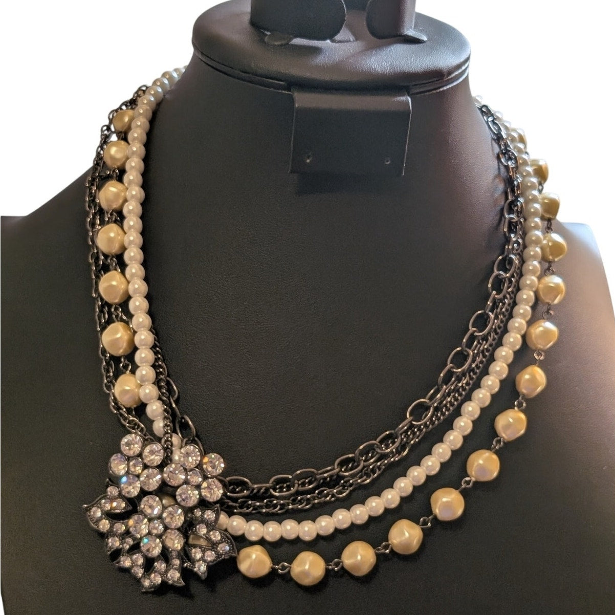 Express Layered Faux Pearl Rhinestone Flower Multi Chain Necklace