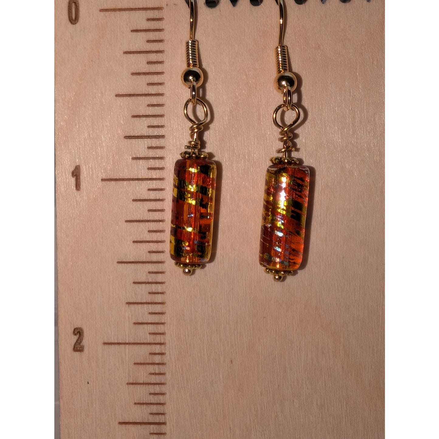 Orange Amber Gold Art Glass Dangle Earrings
