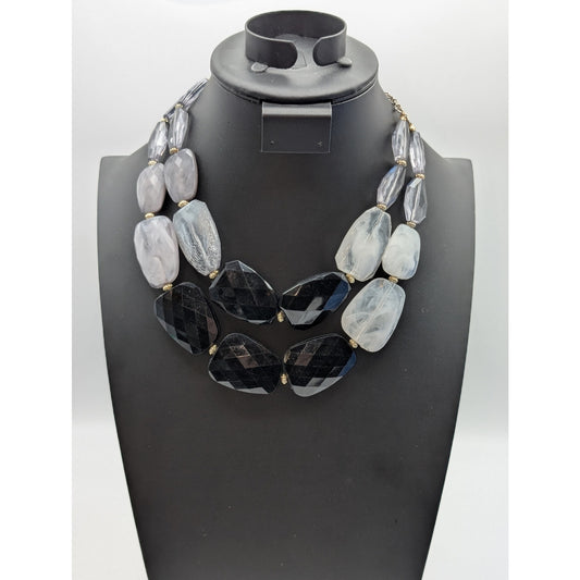 Double Strand Chunky Lg Faceted Black Gray White Acrylic Bead 16"-19" Necklace