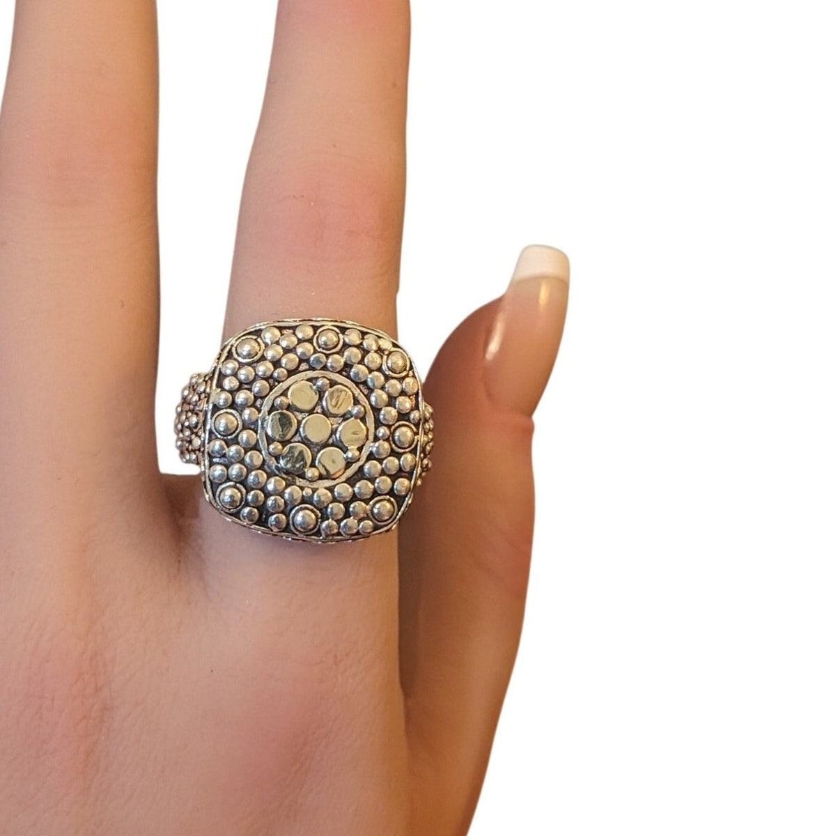 Chunky Two Toned Beaded Granulated 925 Sterling Silver Ring Size 5.5