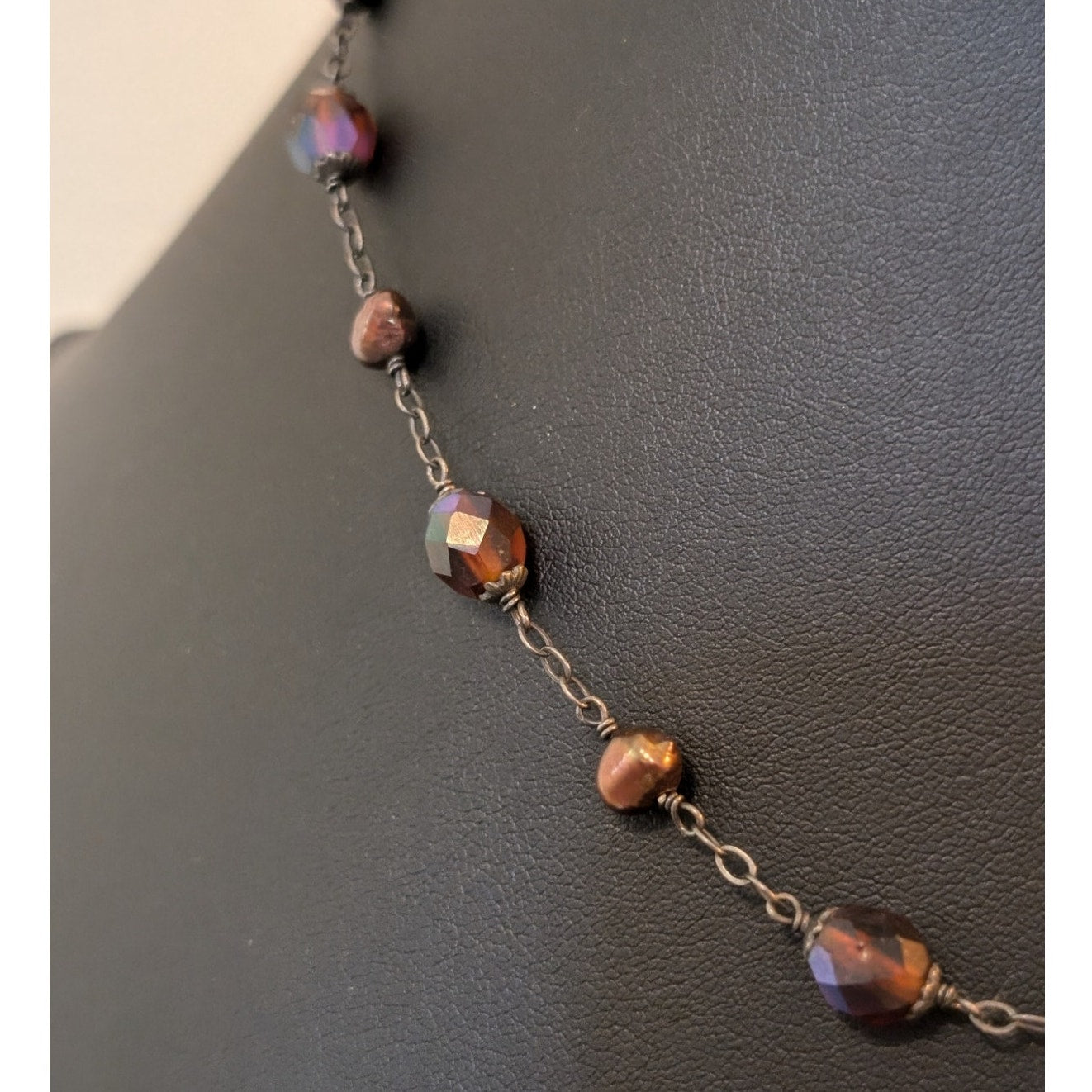 Vintage 925 Sterling Red/Brown AB Crystal Copper Pearl Bead 16"-18" Choker