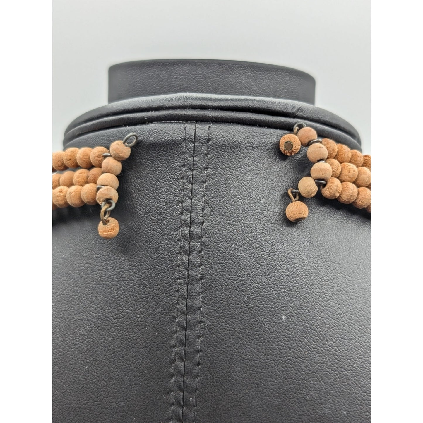 Vintage Triple Strand Wood Light Blue & Milky White Beaded Wire Boho Choker