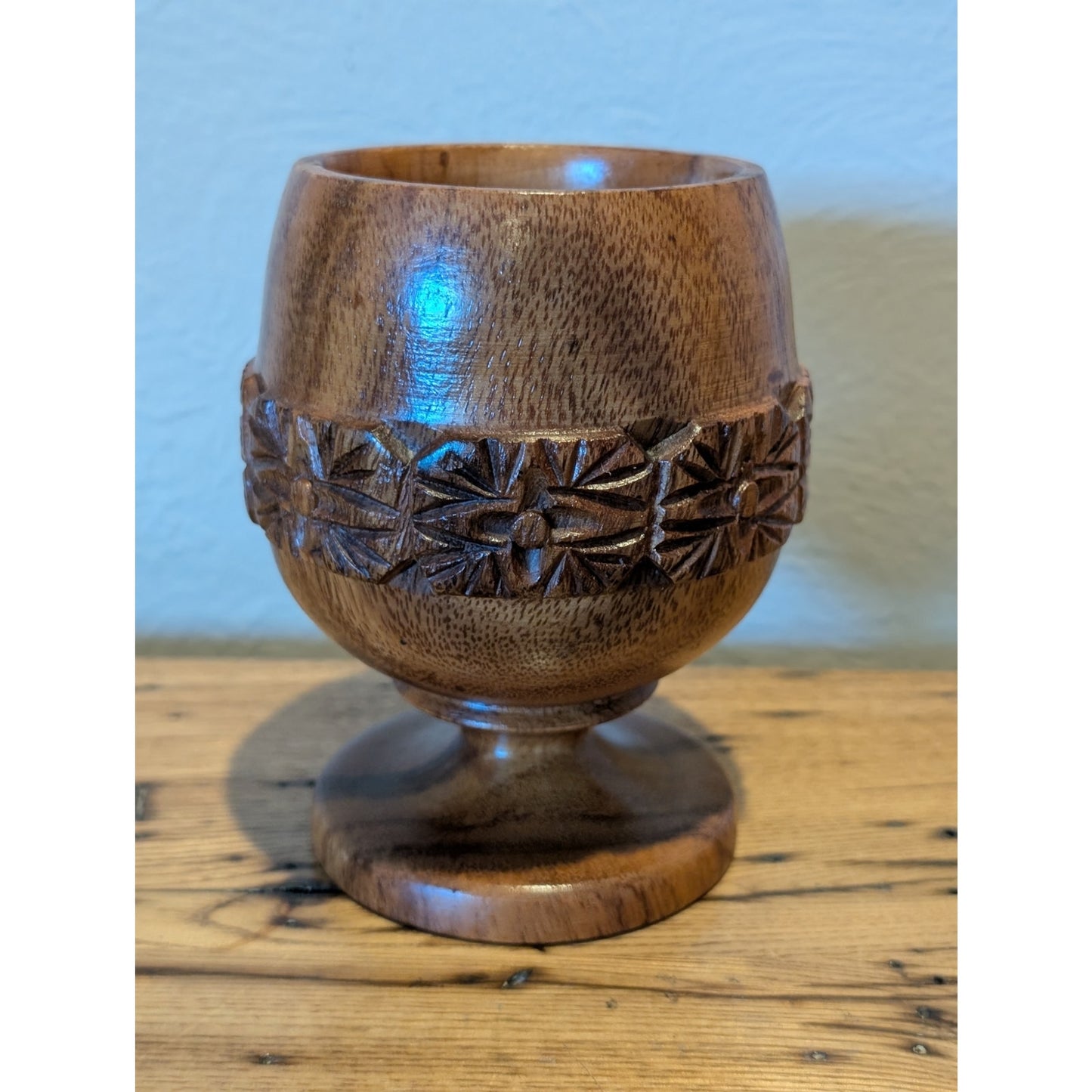 Vintage Wood Hand Carved Floral Design Goblet/Chalice Made In Philippines