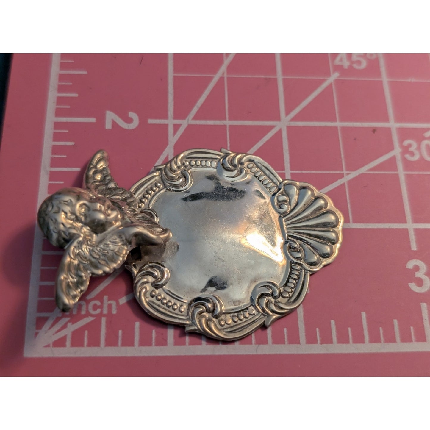 Vintage Sterling Silver Victorian Repousse Angel Articulated Luggage Tag Pendant
