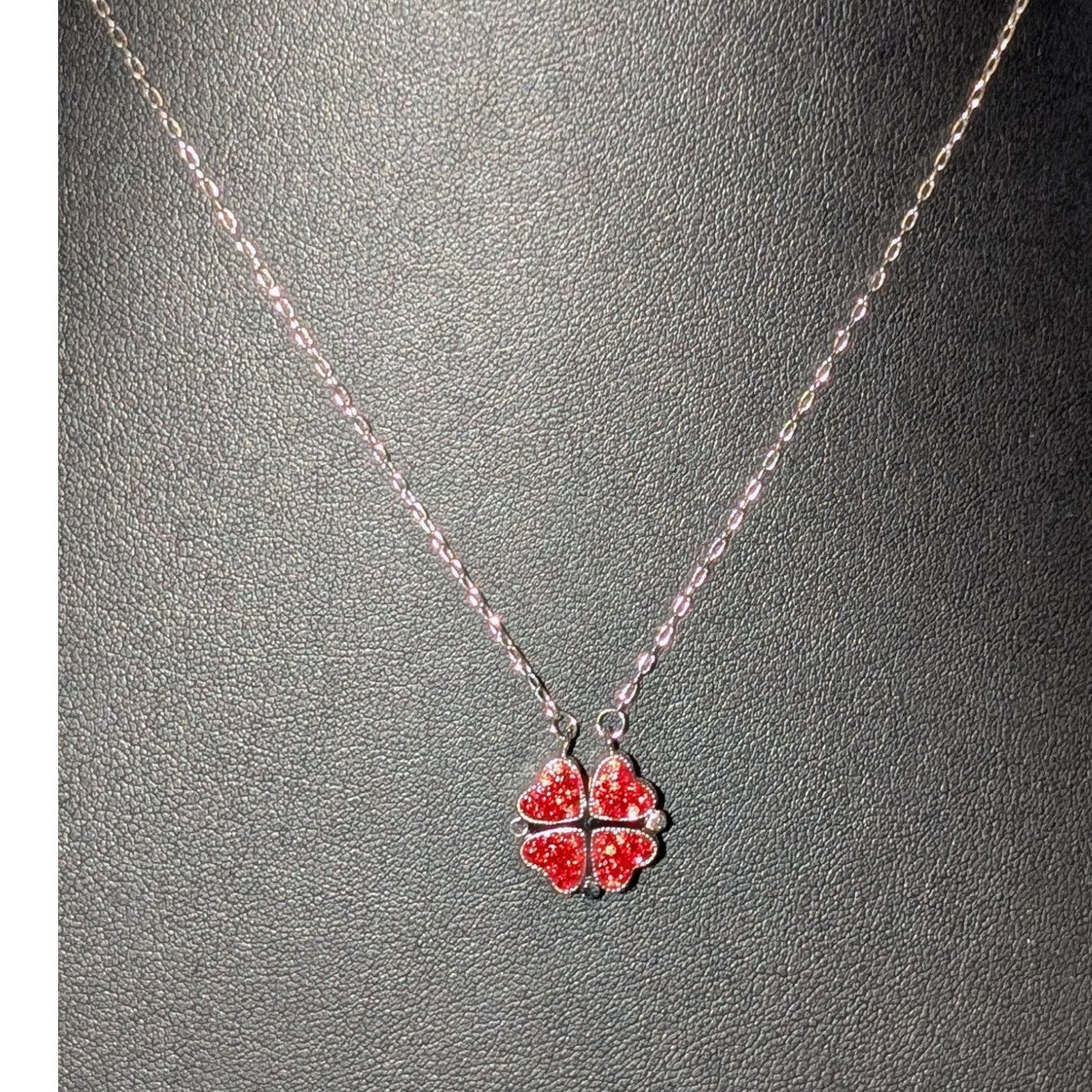 Silver Tone Red or Black Reversible Four Leaf Clover Pendant Necklace