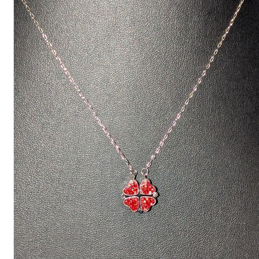 Silver Tone Red or Black Reversible Four Leaf Clover Pendant Necklace