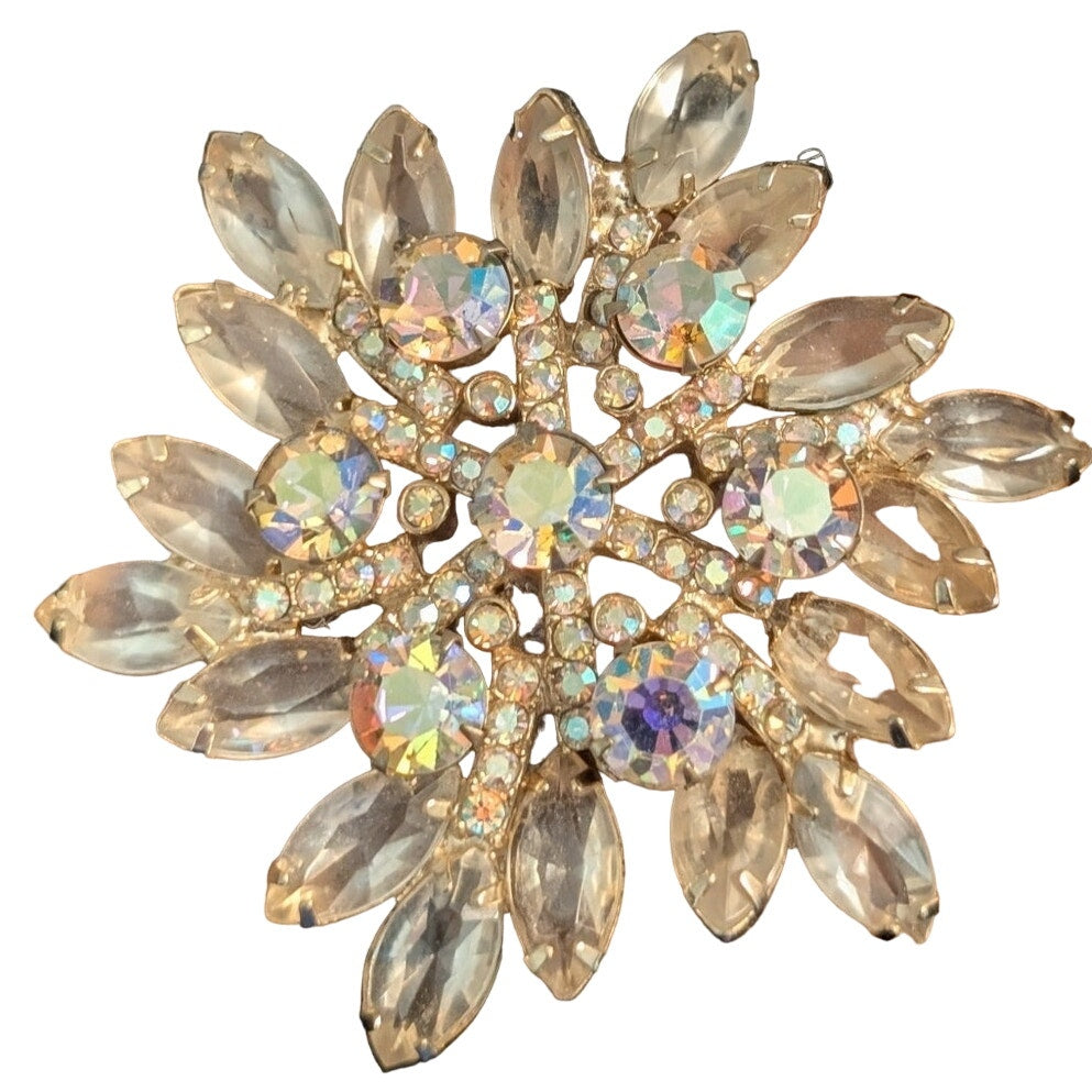 Vintage Unsigned Aurora Borealis Rhinestone Layered Flower Brooch
