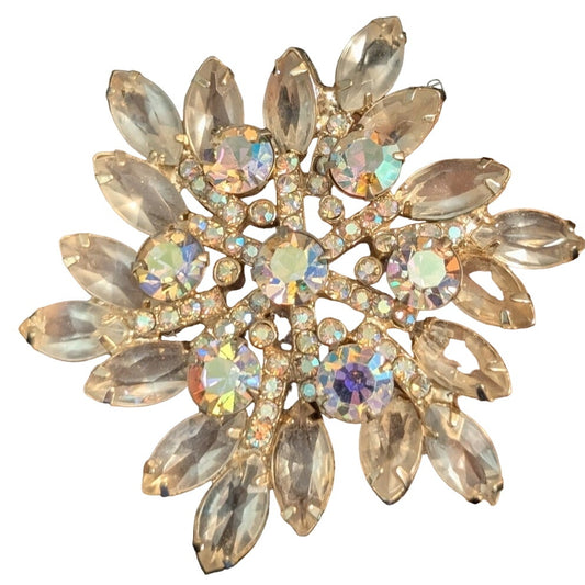 Vintage Unsigned Aurora Borealis Rhinestone Layered Flower Brooch
