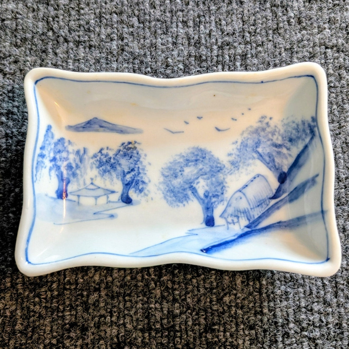 Antique Blue White Scalloped Edge Oblong Misty Landscape Painted Dish
