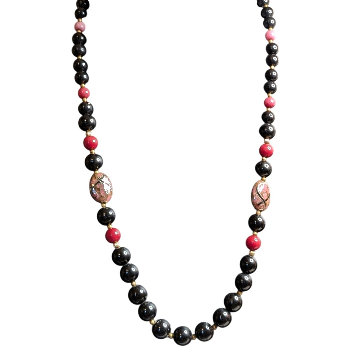 Vintage Black Burgundy Rose Stone Gold Tone Cloisonne Graduated Bead Necklace
