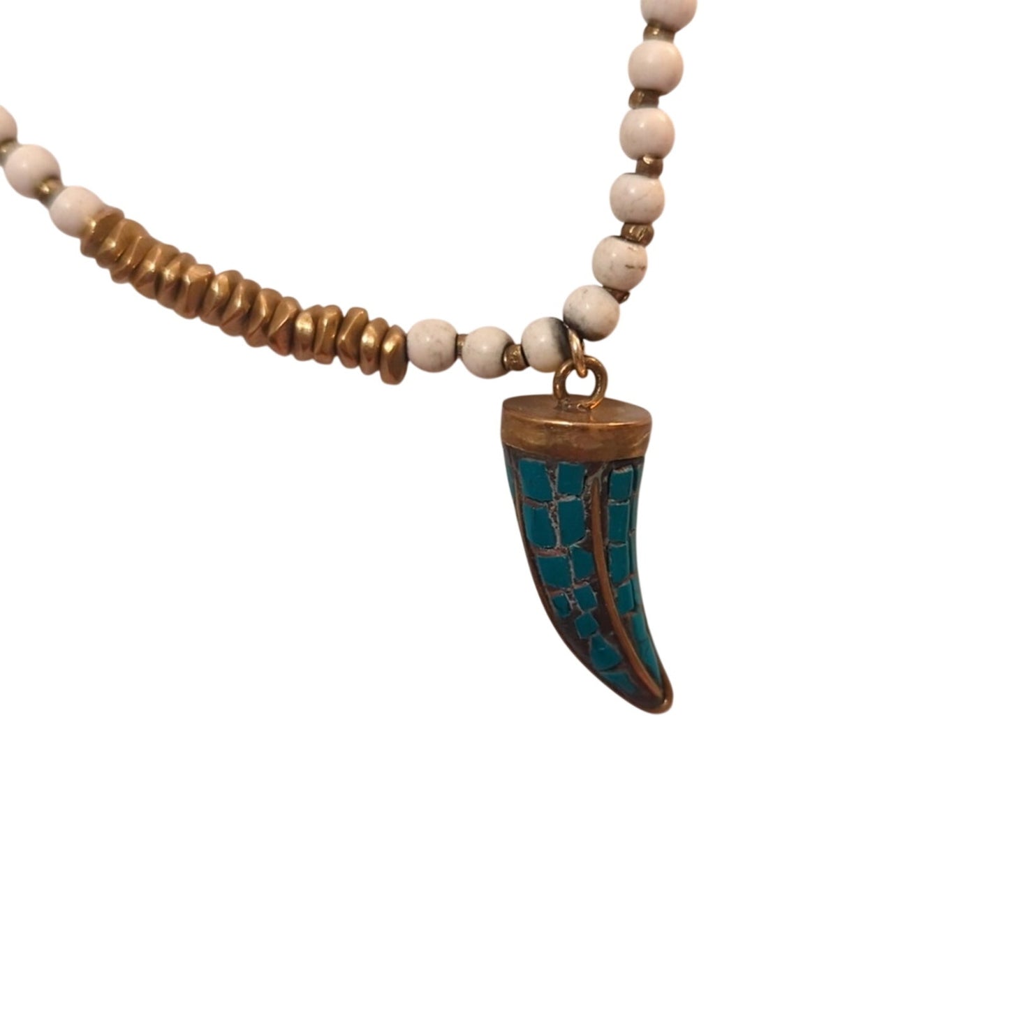 Marked J22 White/Gold Tone Bead  Inlaid Horn Pendant and Toggle Clasp Necklace