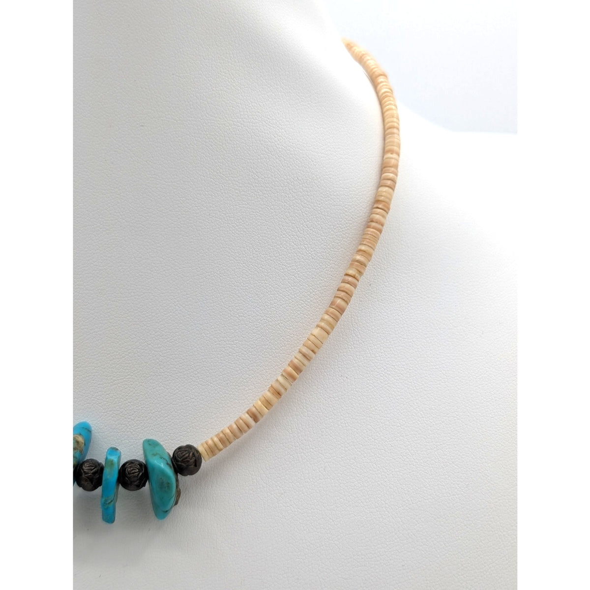 Vintage Heishi Shell Three Turquoise Stone Southwestern Hook Clasp 16" Necklace