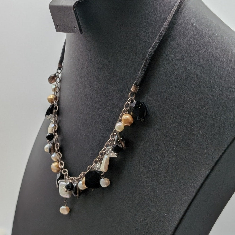 925 Sterling Silver Double Strand Cord Pearl Tourmaline Quartz Dangle Necklace