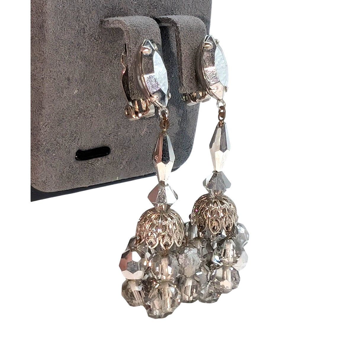 Lewis Segal California VTG Clip On Chandelier Metallic Crystal Dangle Earrings