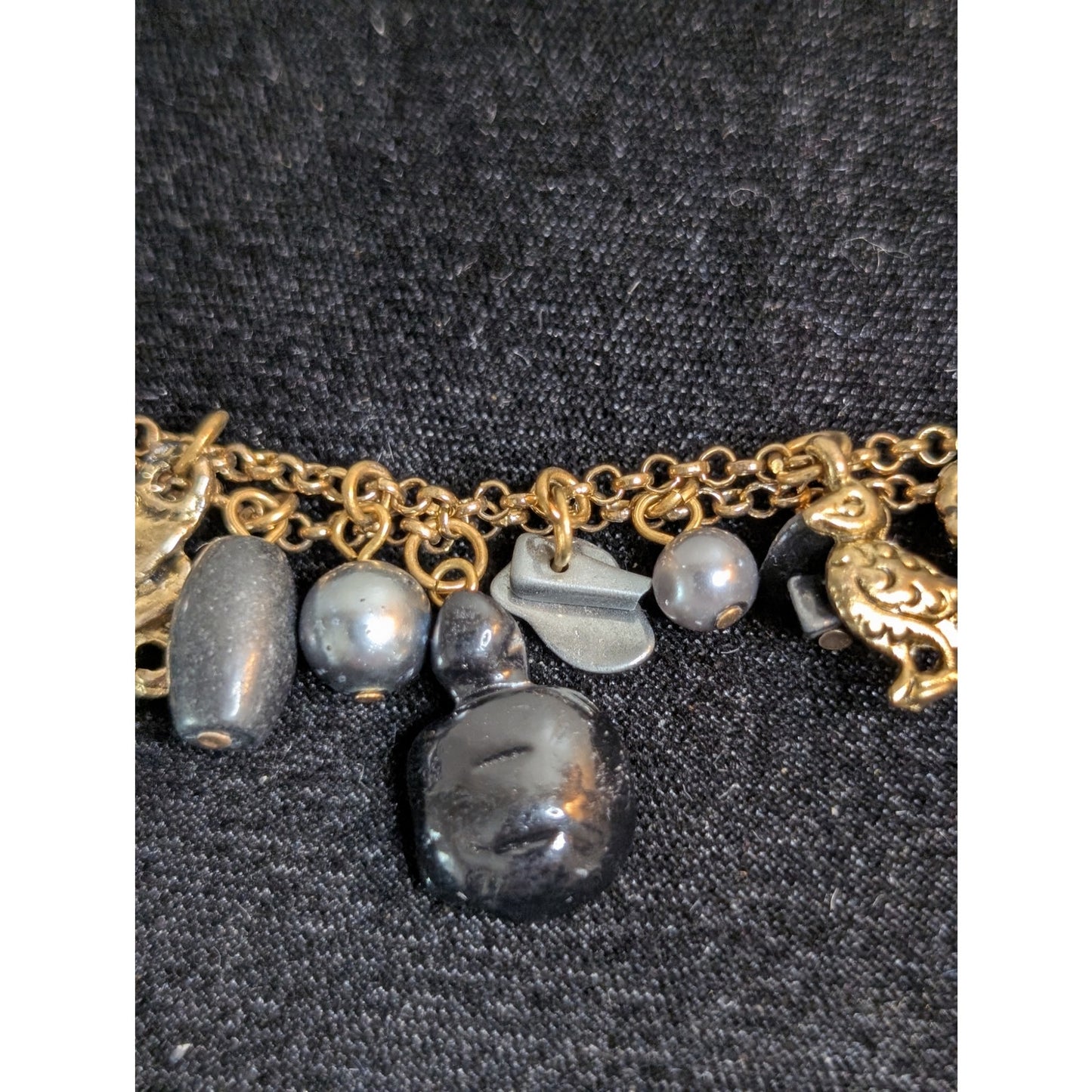Vintage Antique Gold Tone Carved Glass Animal Gray Pearl Charm Toggle Bracelet