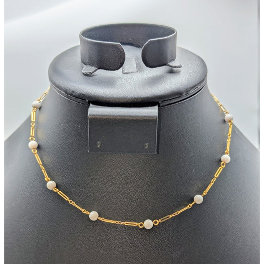 Vtg Monet Delicate Gold Tone Oval Chain Link White Bead Station 14.5" Necklace