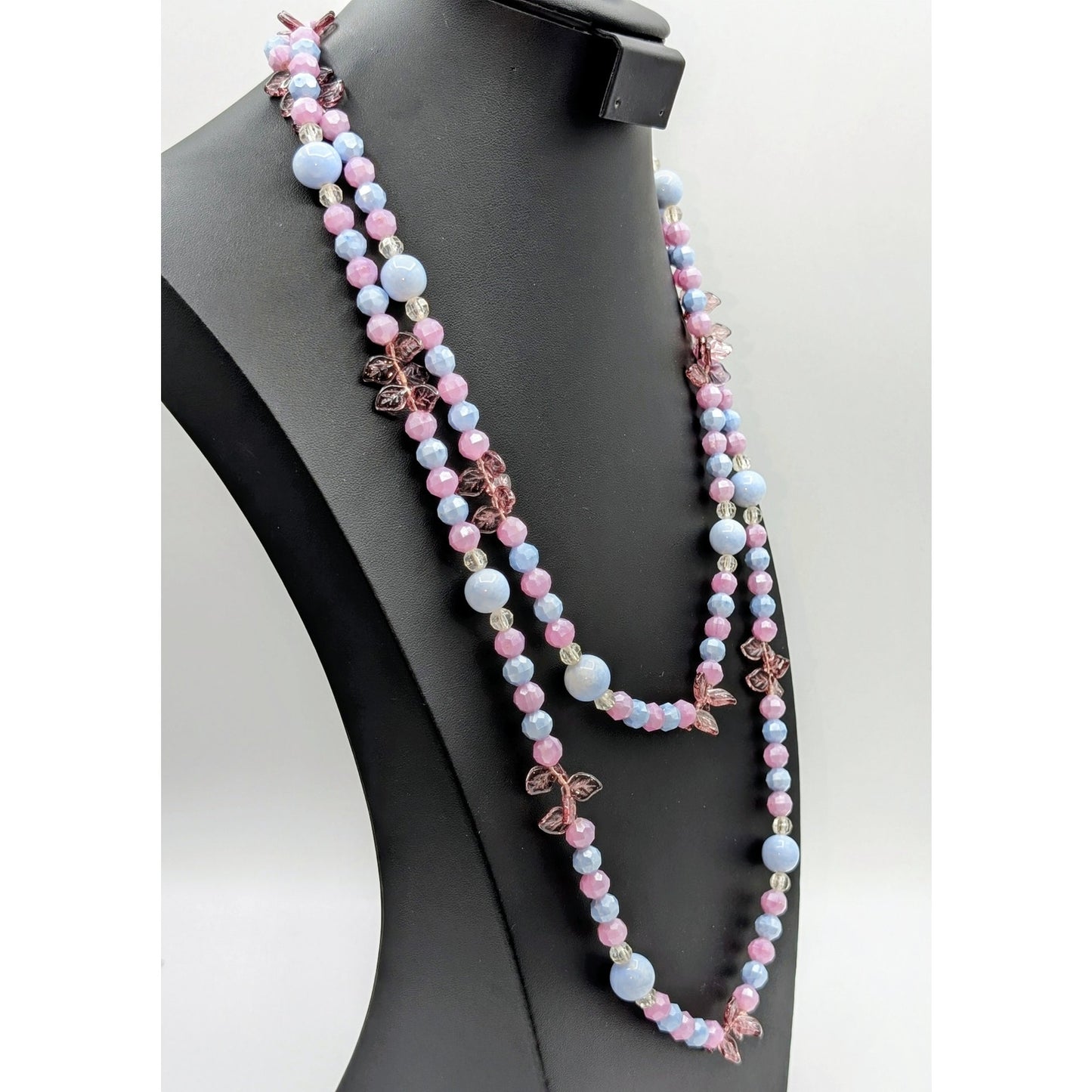 Vintage 60" Lavender Blue Acrylic & Glass & Leafy Beaded Necklace