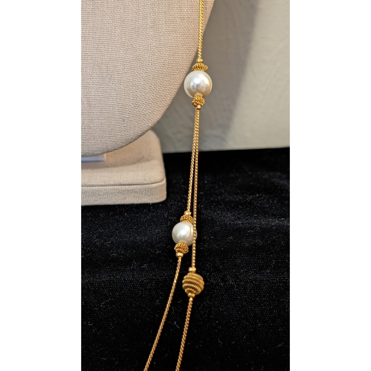 Vintage Double Gold Tone Chain Pearl and Coil Bead Necklace