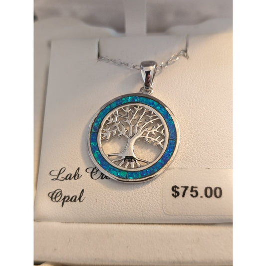 NWT Lab Created Opal Tree of Life Pendant Necklace on 925 Sterling 17" Chain