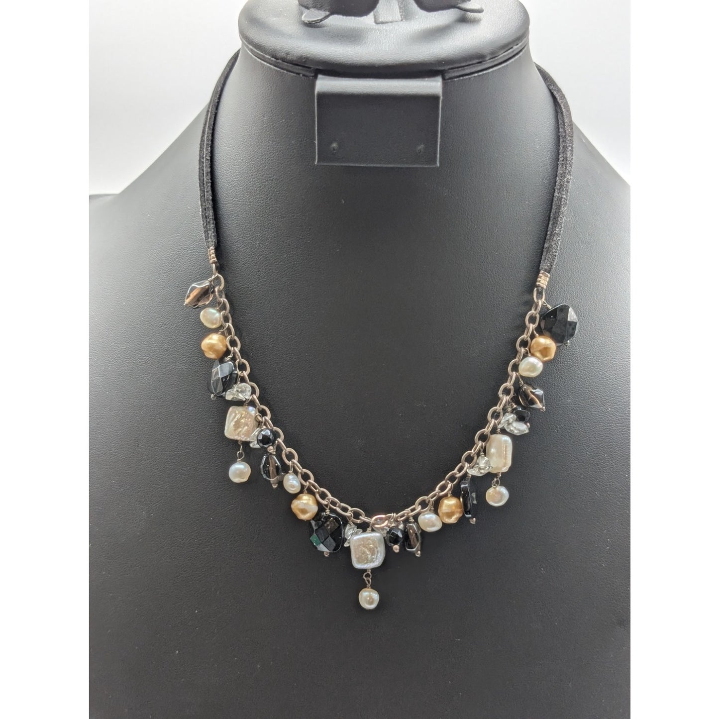 925 Sterling Silver Double Strand Cord Pearl Tourmaline Quartz Dangle Necklace