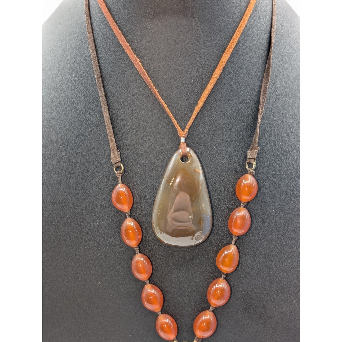 Two Boho Beaded Leather Cord Brown Tone Stone & Glass Bead Necklaces