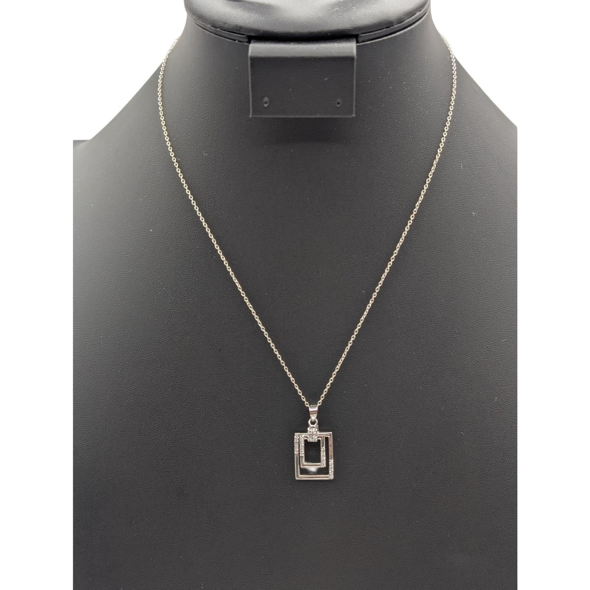 925 Sterling Silver Rectangle Within a Rectangle CZ Pendant 18" Chain Necklace