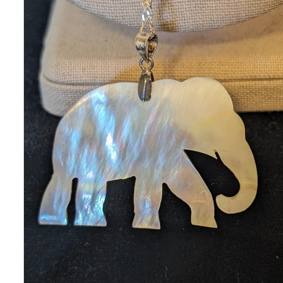 Mother of Pearl Carved Elephant W/ Abalone Inlay on Sterling 925 Chain