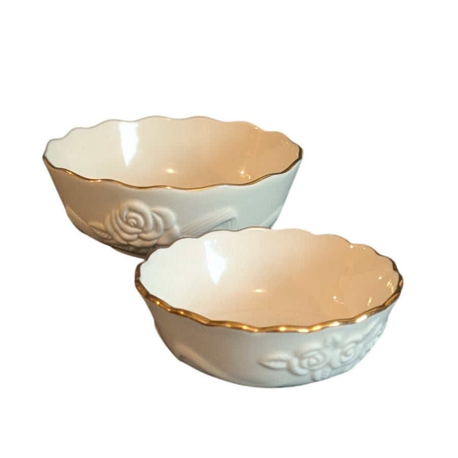 Lenox Rosebud Collection Vtg 80s Pair of Cream Gold Scalloped Rim Candy Dishes