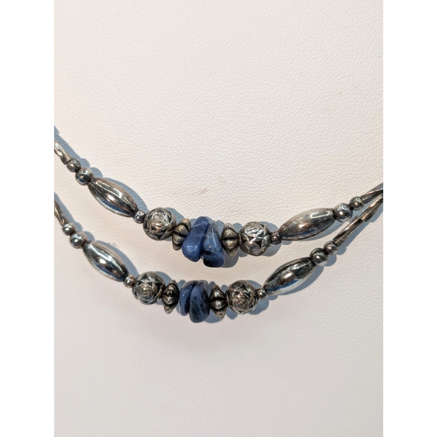 Vintage Twisted Liquid Silver Blue Stone Chip Bead Double Strand 24.5" Necklace