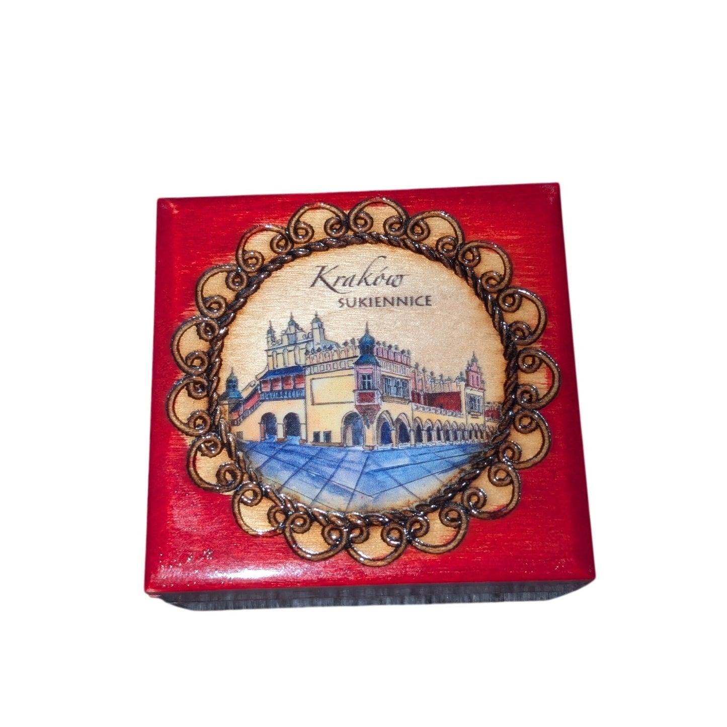 Vintage 1988 Krakow Hand Made in Poland Red Painted Hinged Wooden Trinket Box