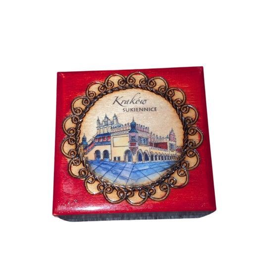 Vintage 1988 Krakow Hand Made in Poland Red Painted Hinged Wooden Trinket Box