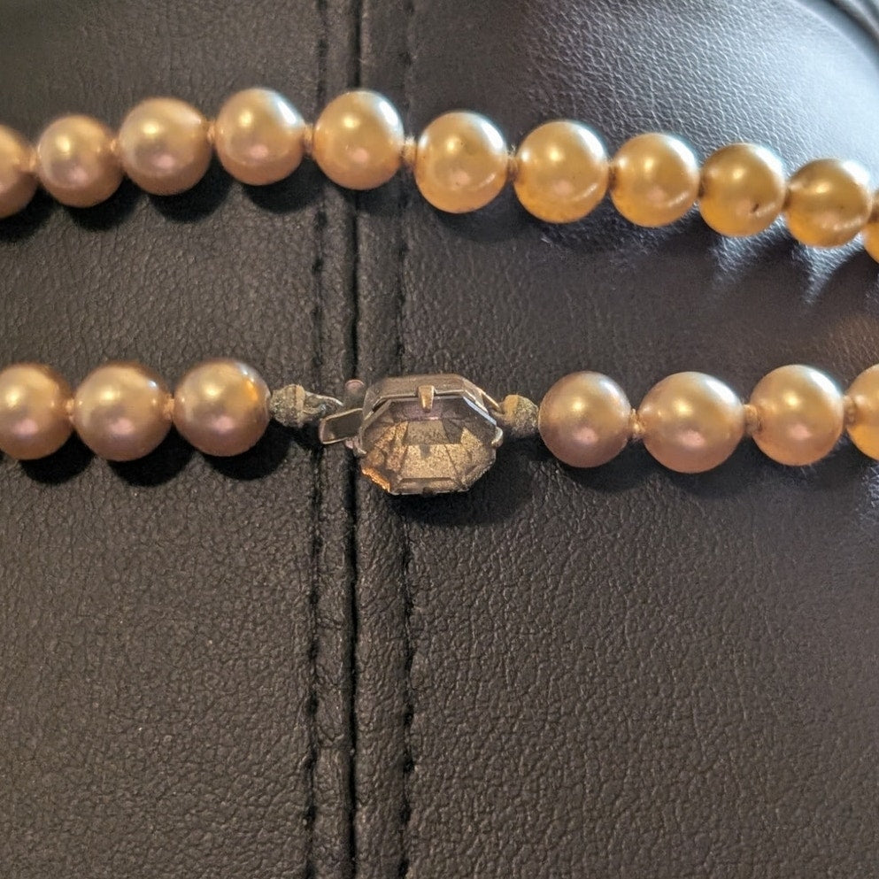 Vintage 58" Long 5-6mm Faux Champagne Pearl Rhinestone Slide In Clasp Necklace