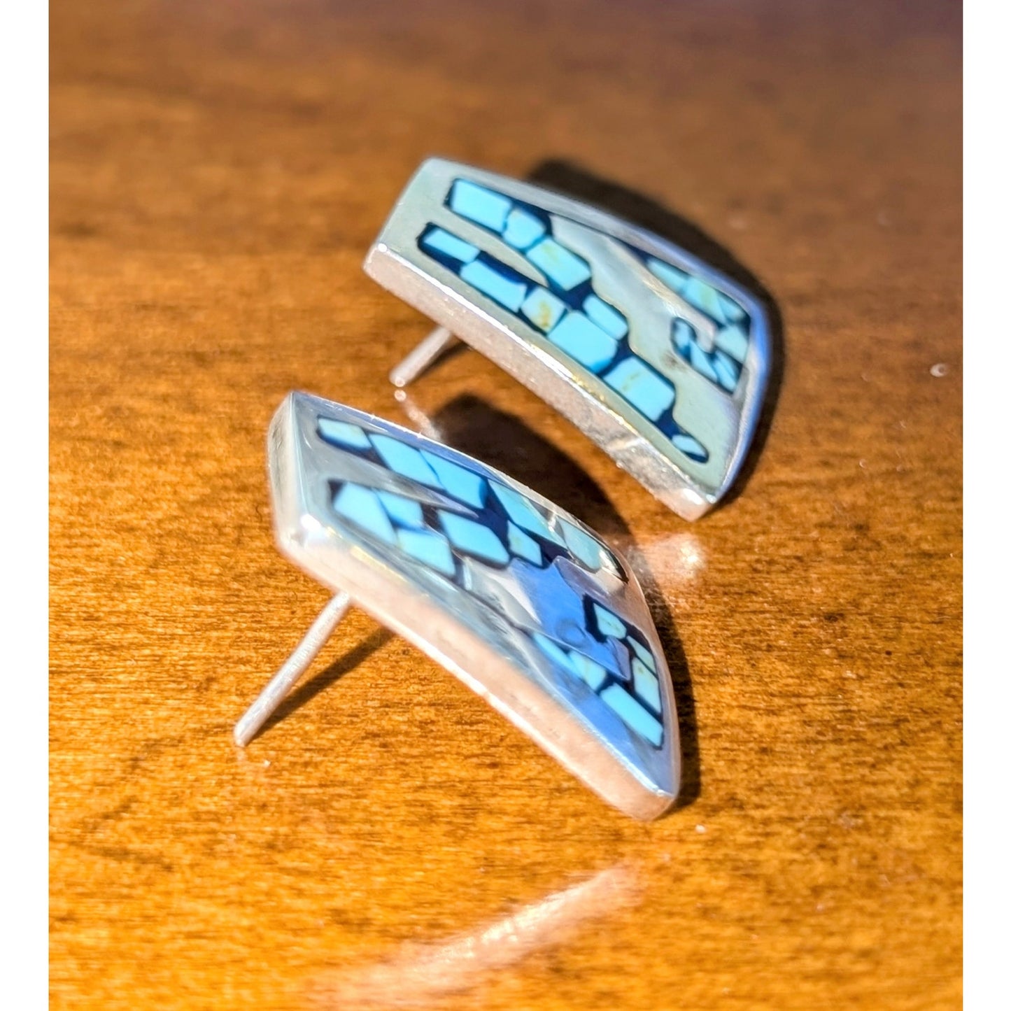 Vintage Taxco Mexico 925 Sterling Silver Turquoise Inlay Post Earrings 9.70g