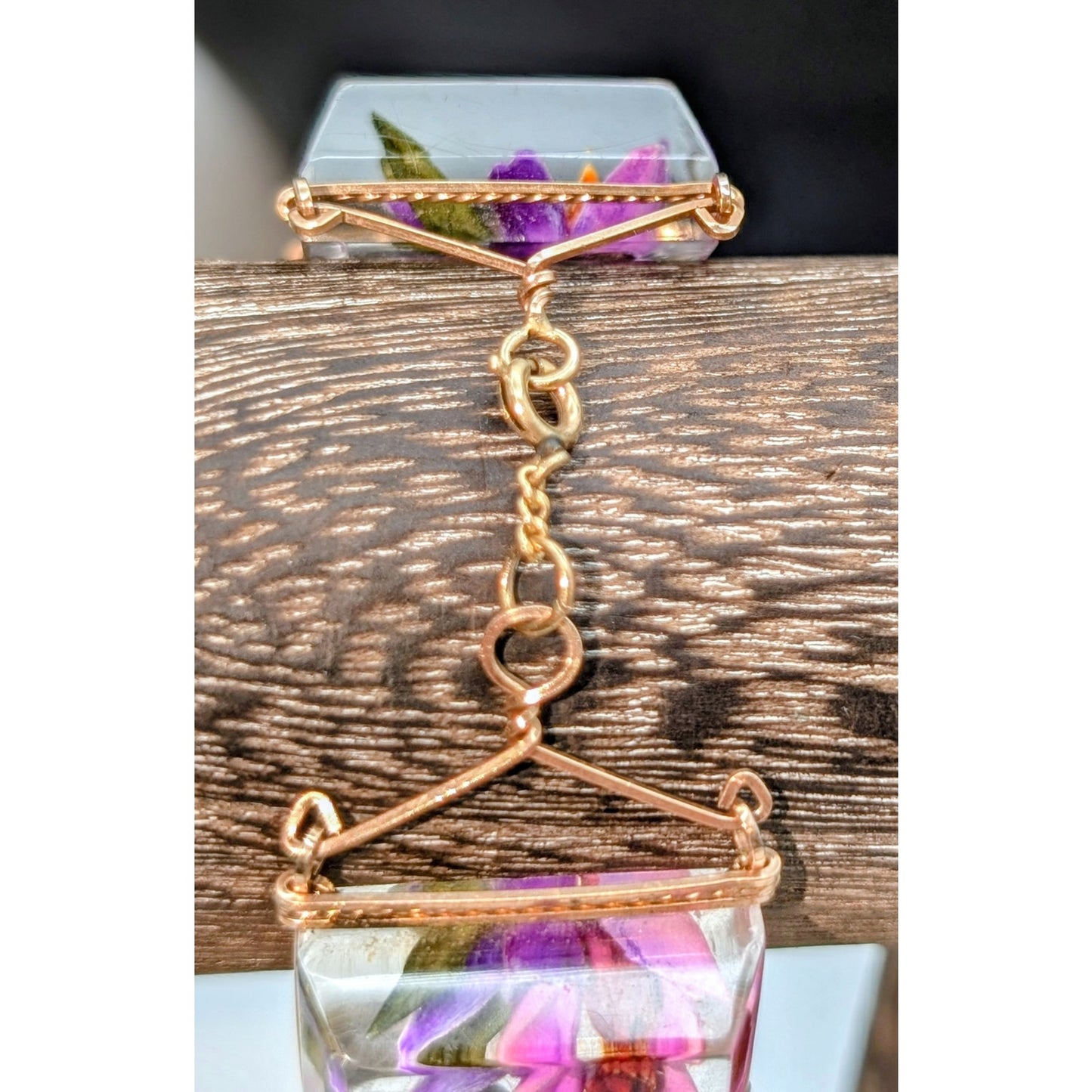 Vintage Reverse Carved Lucite Orchid Link Bracelet & Screw On Earring Set