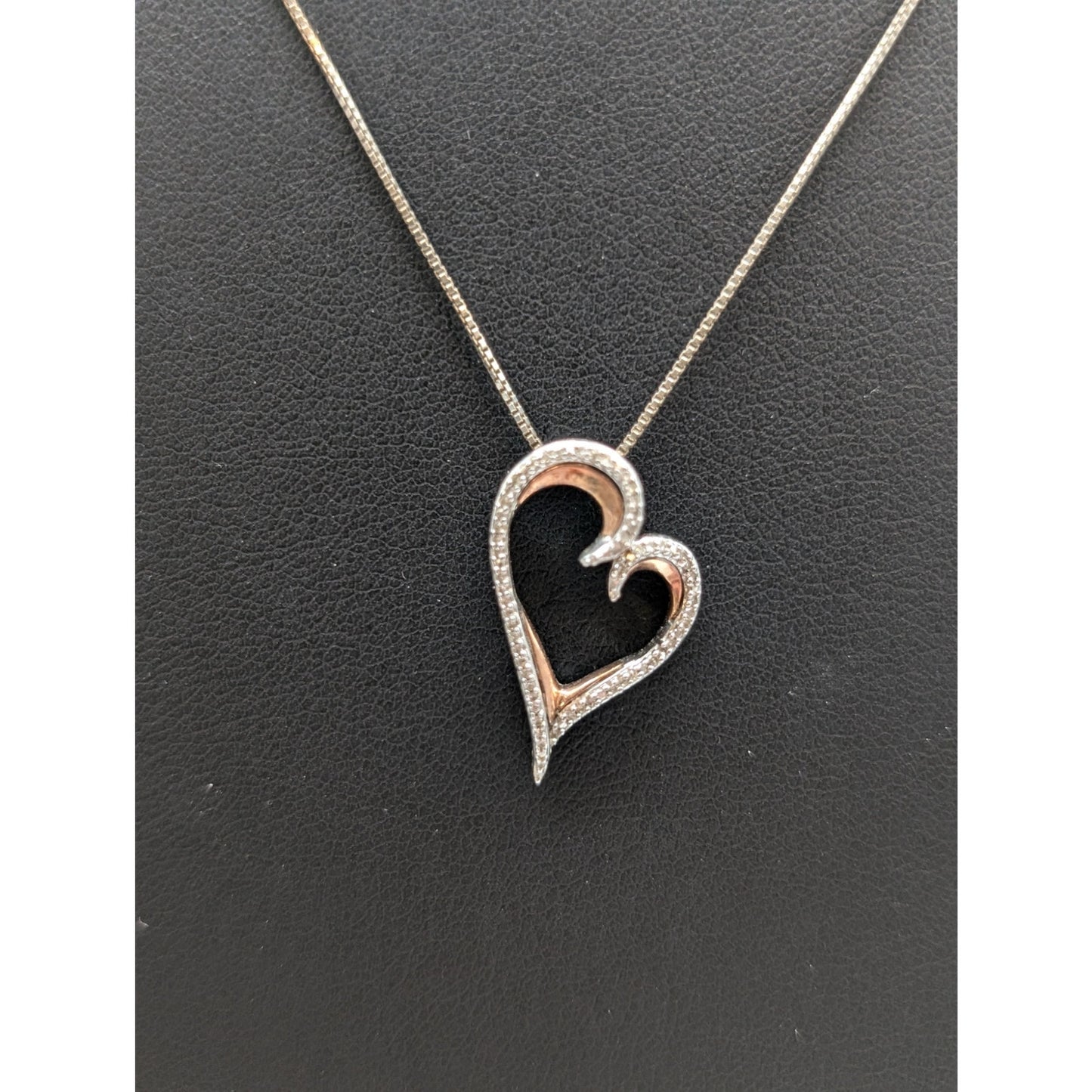 Marked JWBR 925 Sterling Silver 10K Yellow Gold Diamond Abstract Heart Necklace
