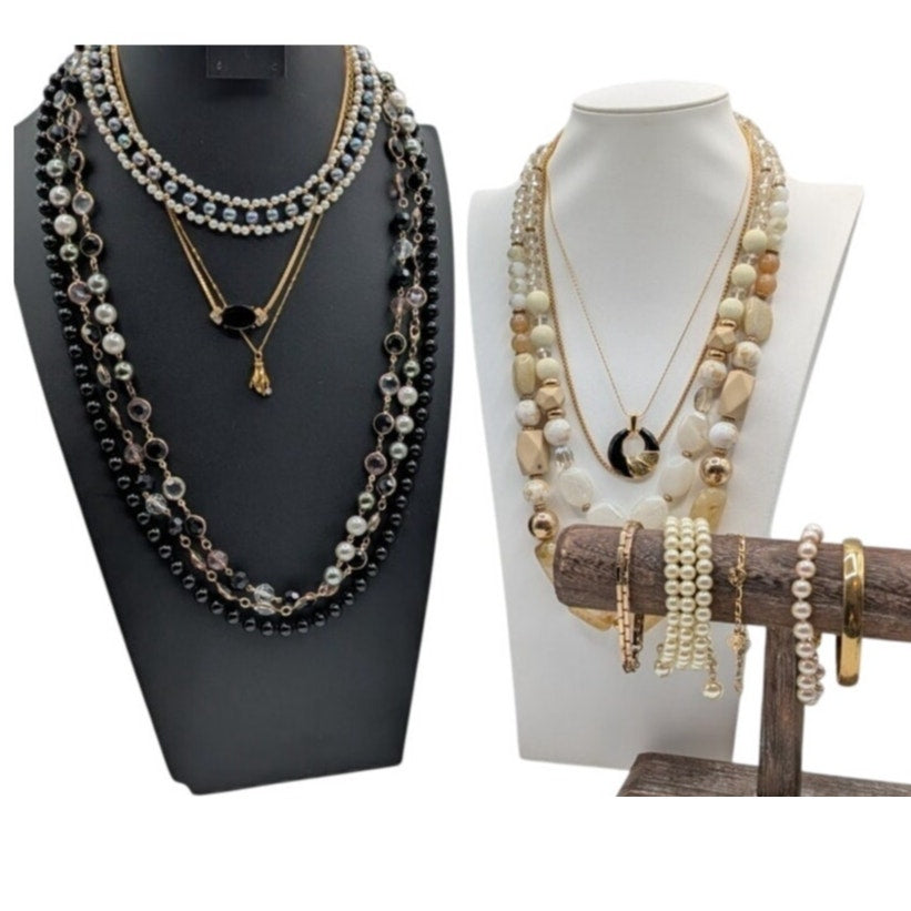 Lot of 17 Pieces Black Cream Gold Tone Jewelry Necklaces Bracelets Earrings Ring