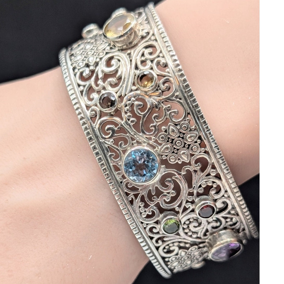 Samuel Benham 925 Sterling Bezel Set Multi-Gemstone Scroll Cuff Bracelet 40.69g