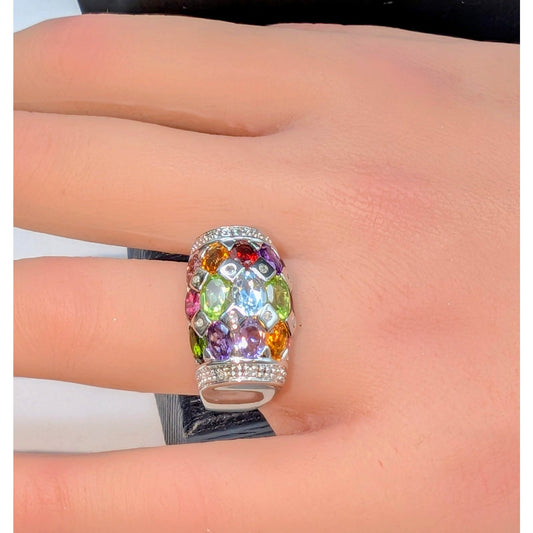Vintage Stauer Rainbow Tourmaline Diamond 925 Sterling Silver Ring Size 7