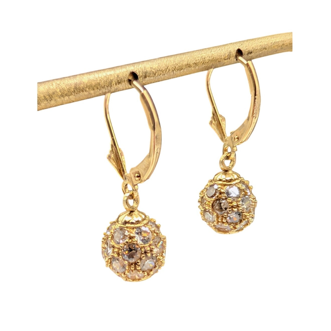 Vintage 14K Cubic Zirconia Fire Ball Dangle Lever Back Earrings