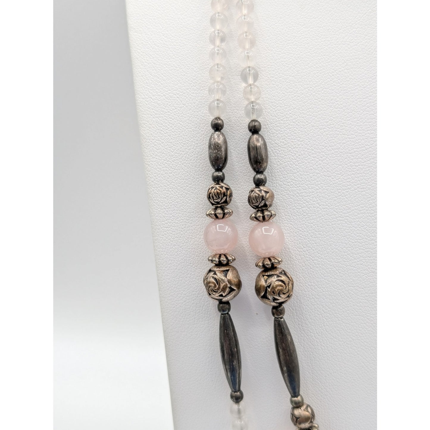 Vintage Liquid Silver Handmade Pink Quartz Crystal Double Strand 25.5" Necklace