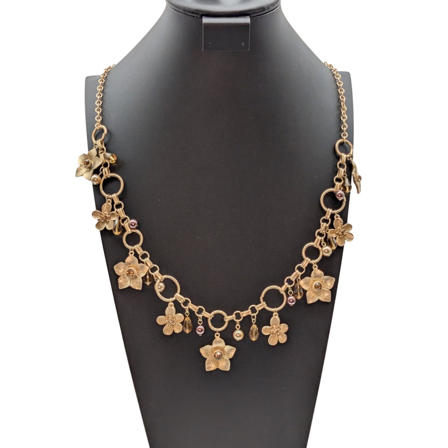 Lot of Two Gold Tone Dangling Flowers & A Giving Key Necklaces