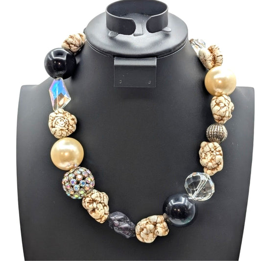 Extra Large Chunky Heavy Stone Glass Faux Pearl Rhinestone Ball 21.25" Necklace