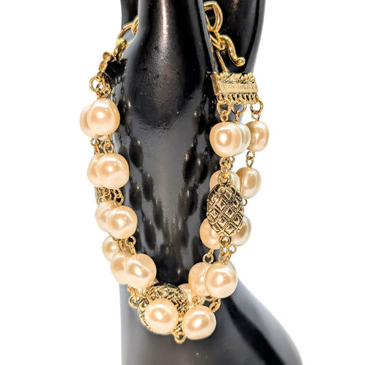VTG Joan Rivers Gold Tone Faux Baroque Pearl Triple Strand Hook Clasp Bracelet