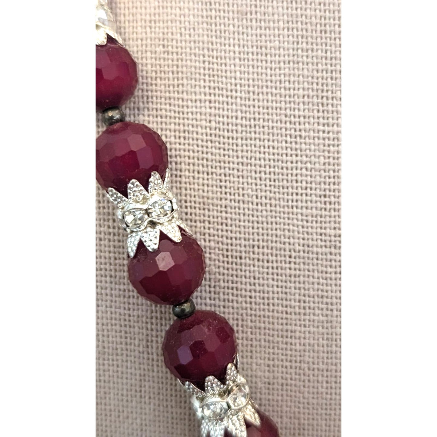 Deep Cranberry Red Cut Faceted Glass Bead and Rhinestone Heart Pendant Necklace